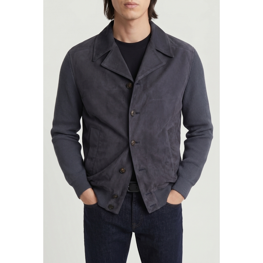 Brunello Cucinelli Dark Blue Leather Knit Jacket