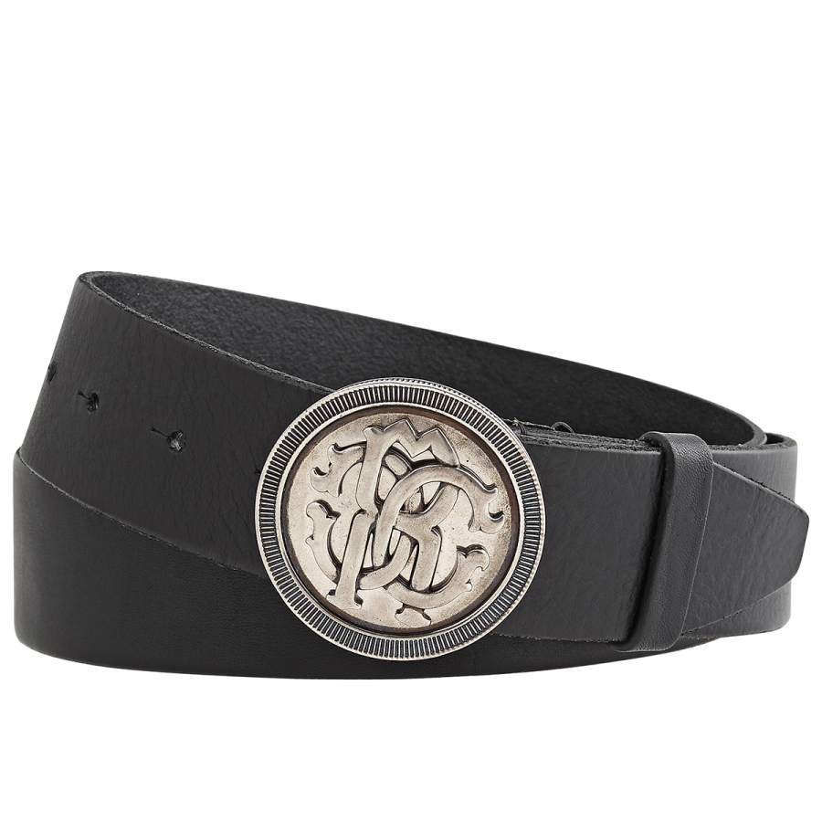Roberto Cavalli Mens Blue Leather RC Logo Medallion Buckle Belt