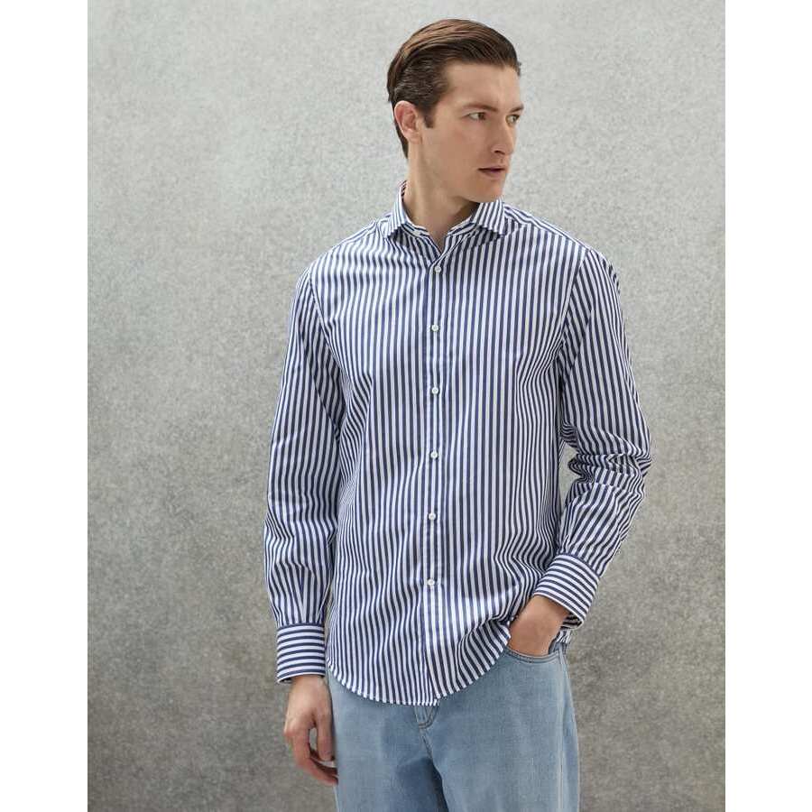 Brunello Cucinelli Mens White And Blue Striped Cotton Shirt