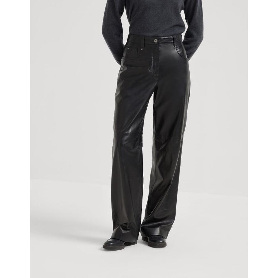 Brunello Cucinelli Woblack Leather Wide Trousers