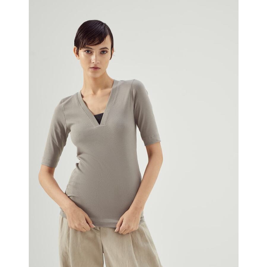 Brunello Cucinelli Womens Khaki Stretch Cotton V Neck Shirt