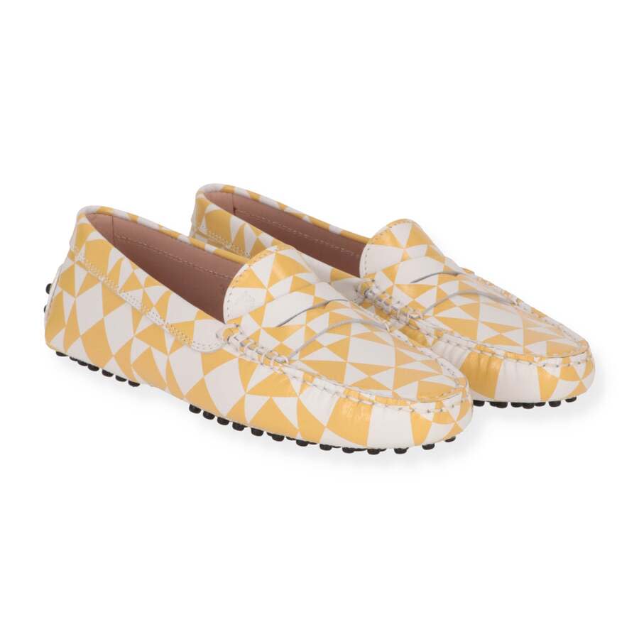 Tod's Women's White & Yellow Geometric-Print Gommino Driving Loafers