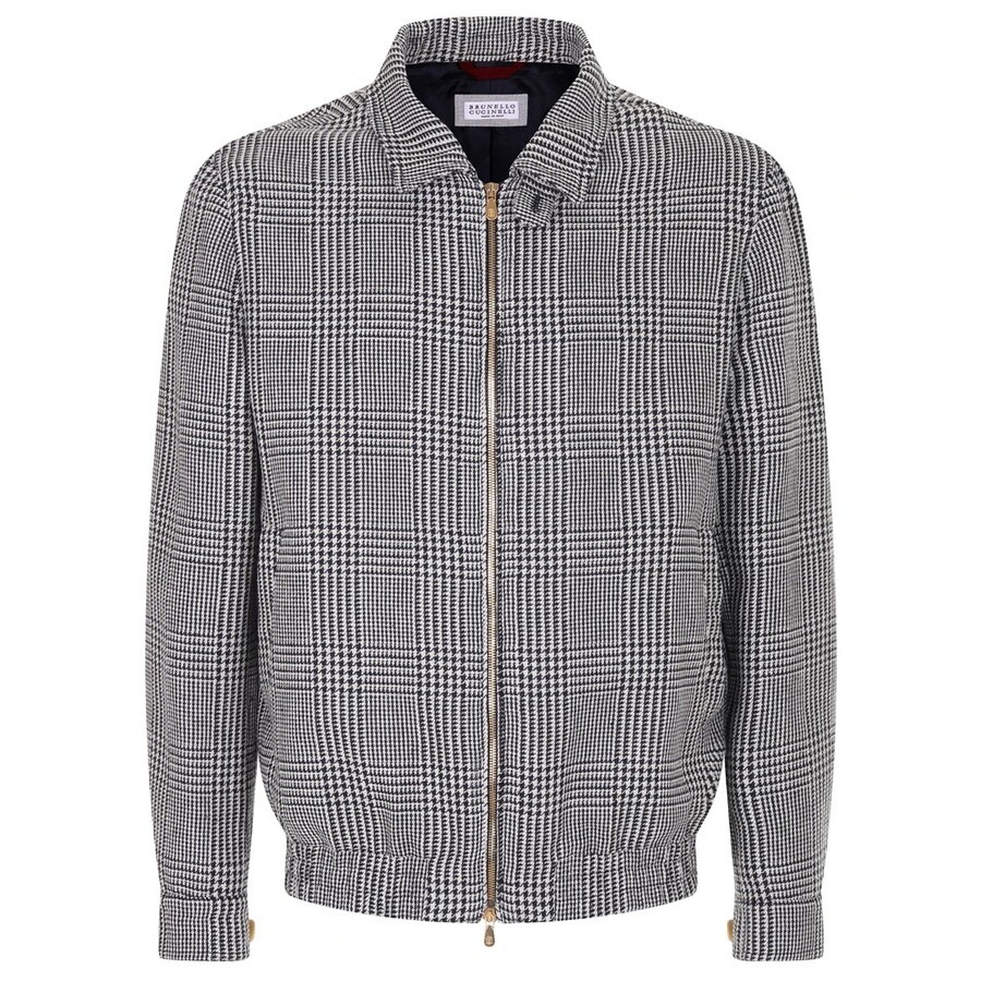 Brunello Cucinelli Navy Plaid Linen Blend Jacket