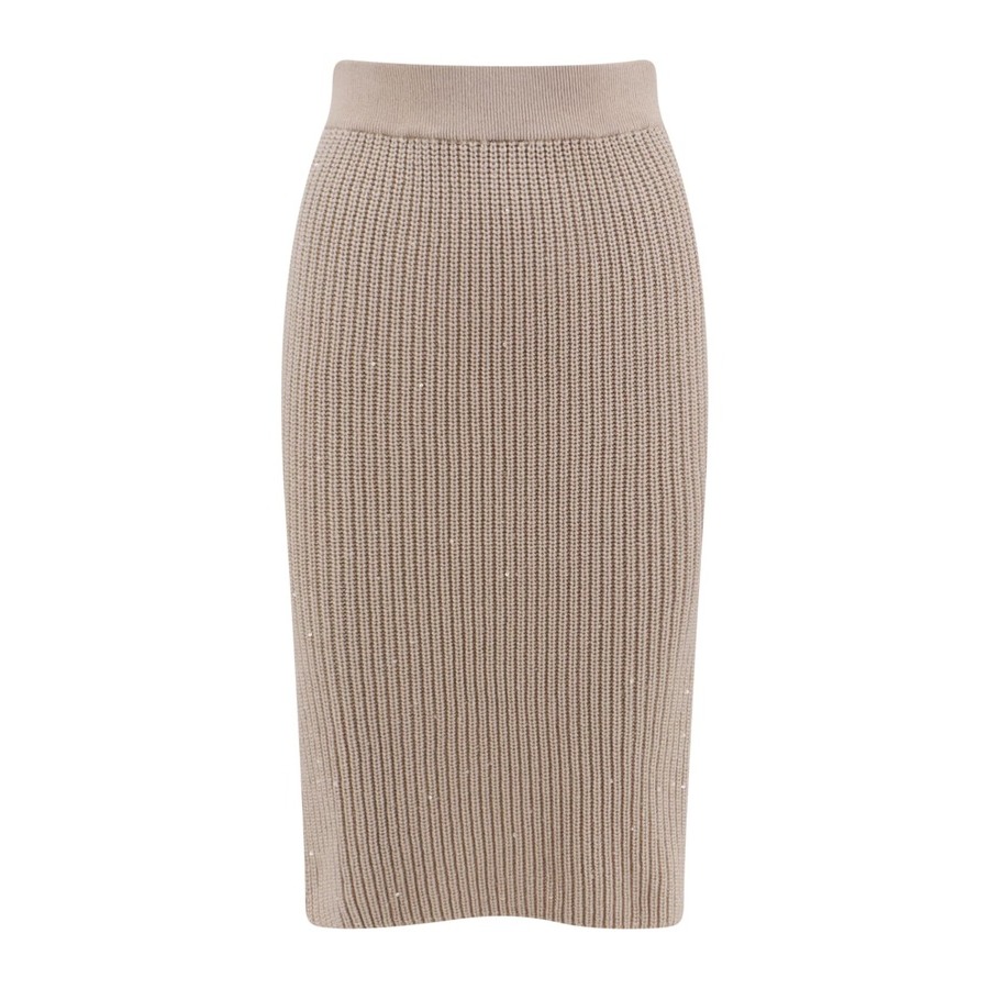 Brunello Cucinelli Women's Beige Silk Wool Ribbed Knit Skirt
