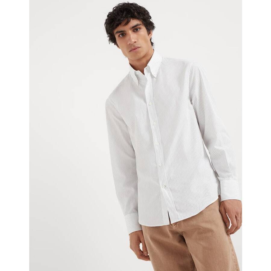 Brunello Cucinelli Men's White Striped Cotton Button Down Shirt
