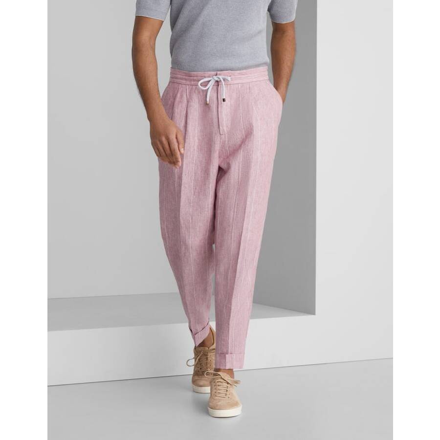 Brunello Cucinelli Mens Pink Linen Relaxed Trousers Rose