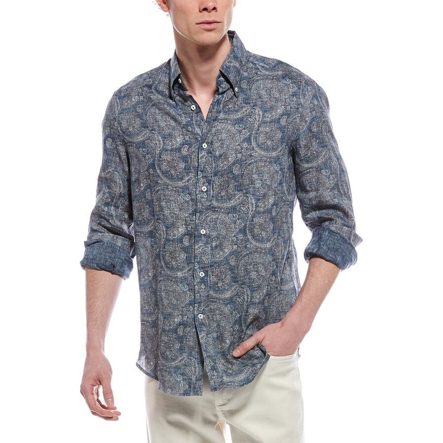 Brunello Cucinelli Denim Paisley Linen Button-Up Shirt