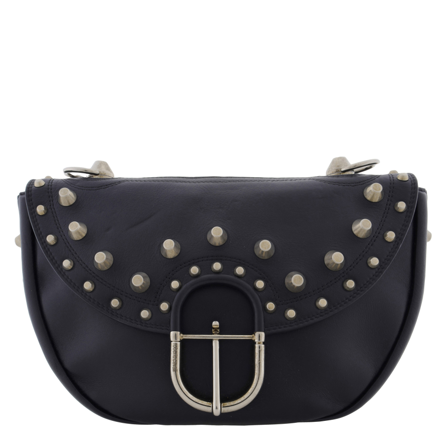 Roberto Cavalli Black Studded Leather Shoulder Bag with Chain Handle