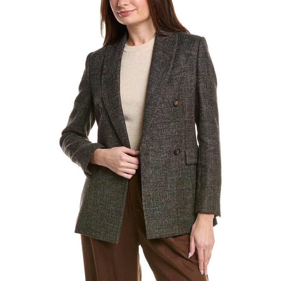 Brunello Cucinelli Women's Macro Melange Grey Wool Linen Blend Double Jacket