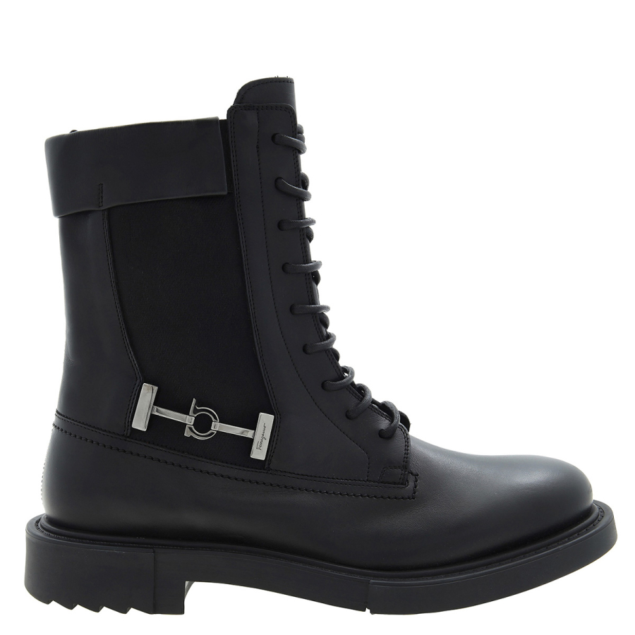 Salvatore Ferragamo Mens Black Leather Combat Boots
