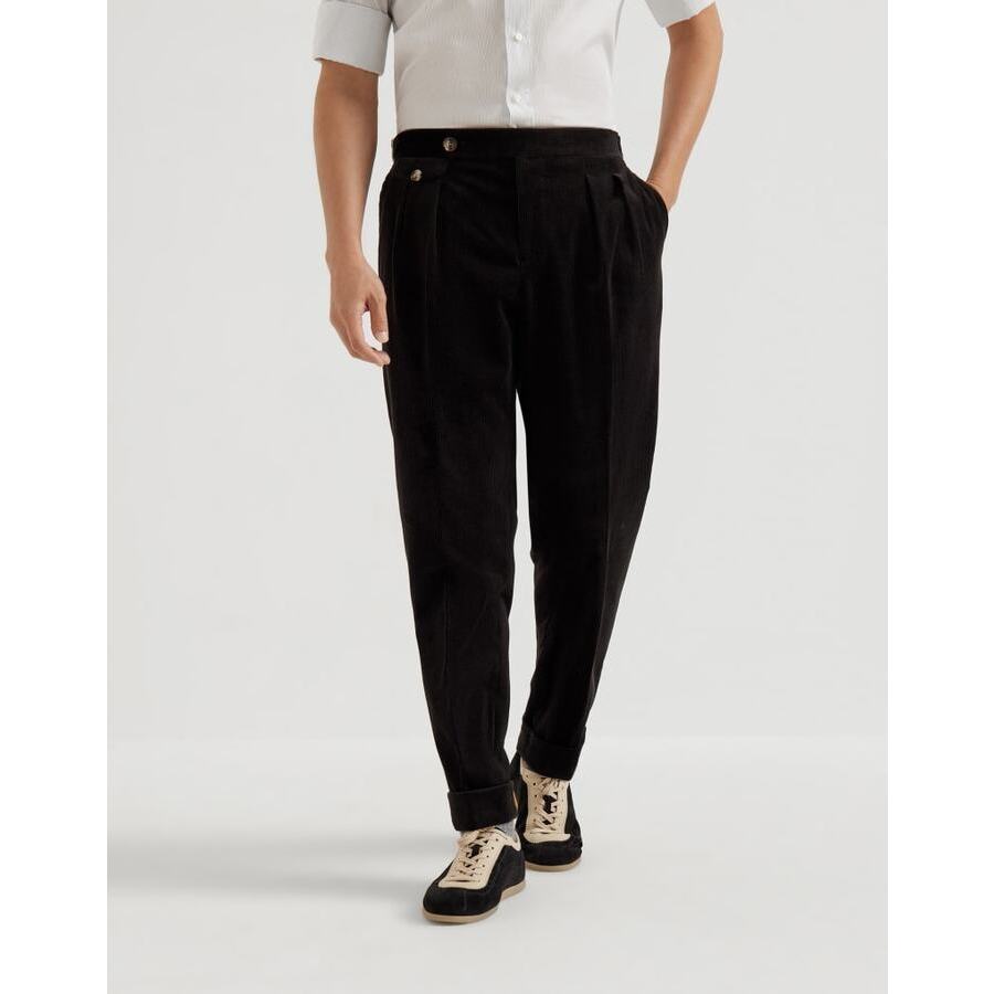 Brunello Cucinelli Mens Black Cotton Wool Blend Pleated Trousers