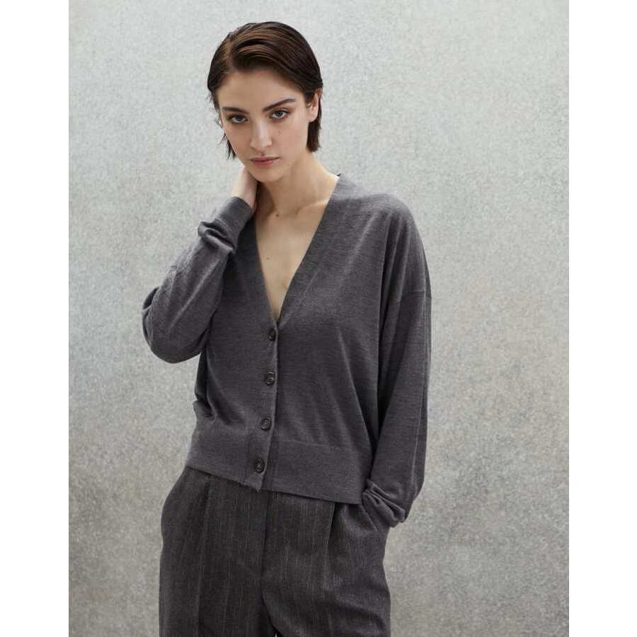 Brunello Cucinelli Women's Lead Wool Silk V Neck Button Sweater
