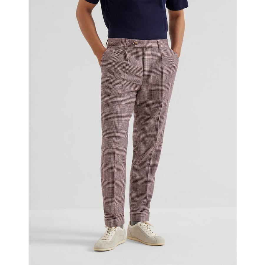 Brunello Cucinelli Men's Purple Wool Silk Blend Checked Trousers