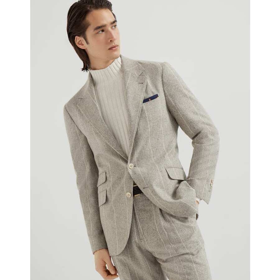 Brunello Cucinelli Men's Rock Salt Wool Silk Blend Pinstripe Blazer