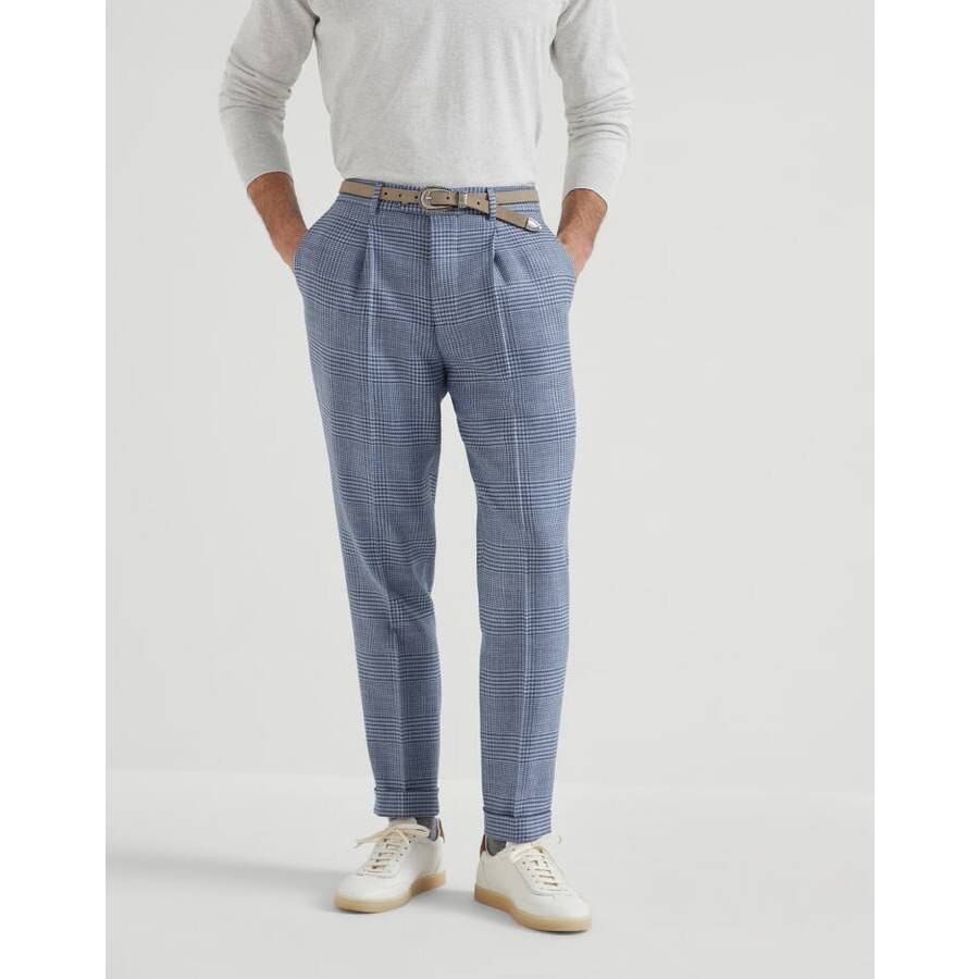 Brunello Cucinelli Men's Cloud Wool Silk Linen Checked Trousers
