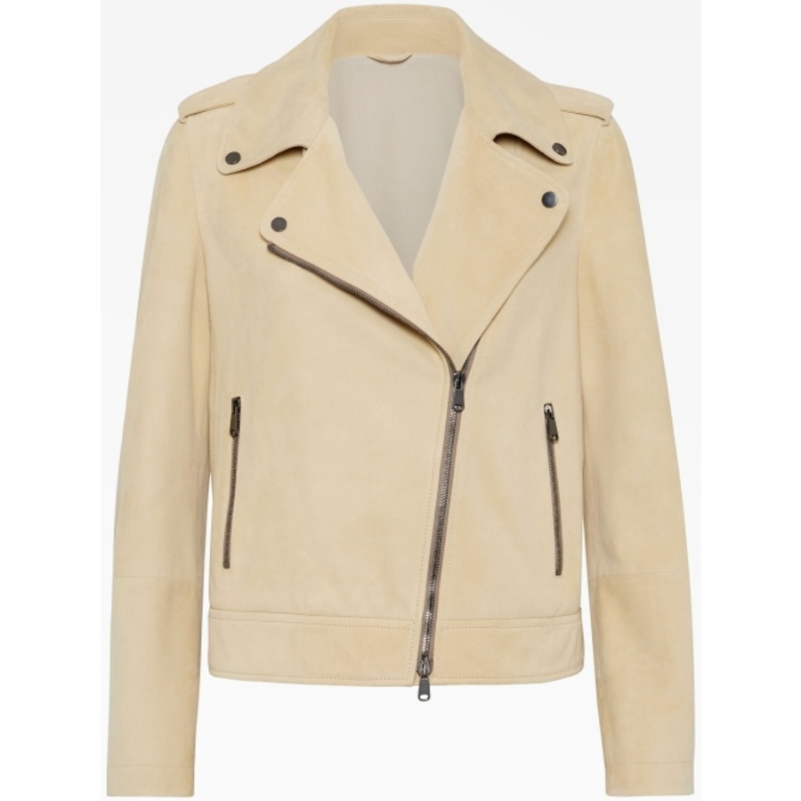Brunello Cucinelli Beige Suede Biker Jacket