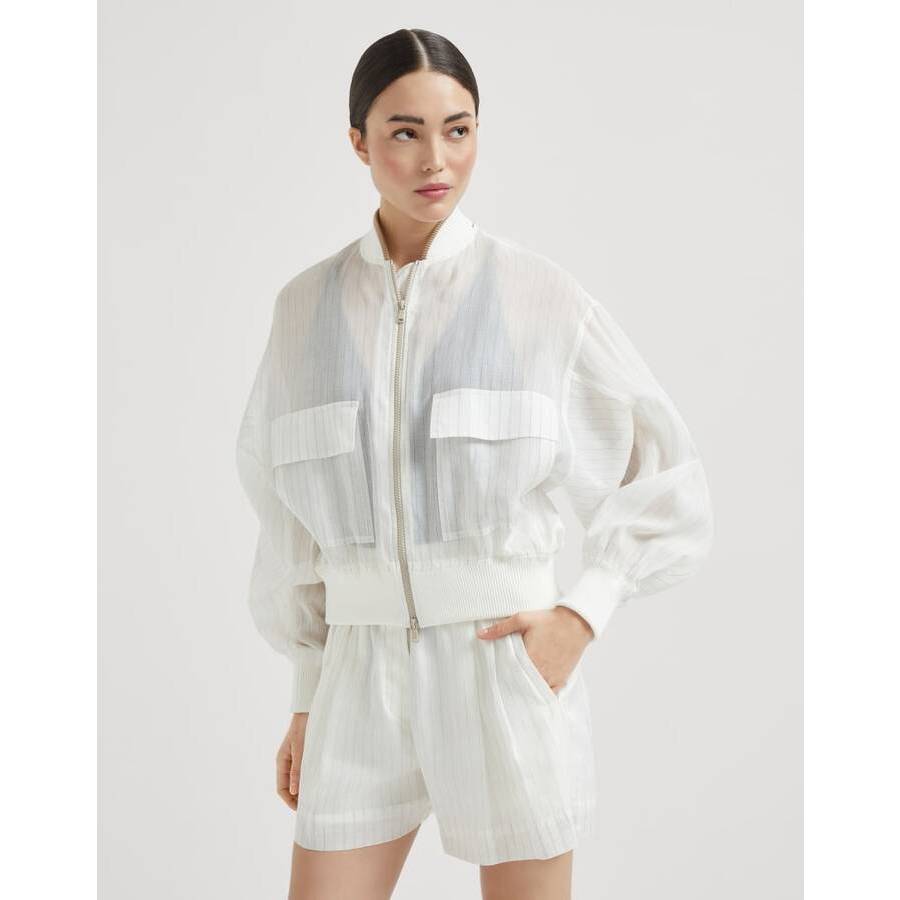 Brunello Cucinelli Women's Off White Sheer Zip Front Sweater