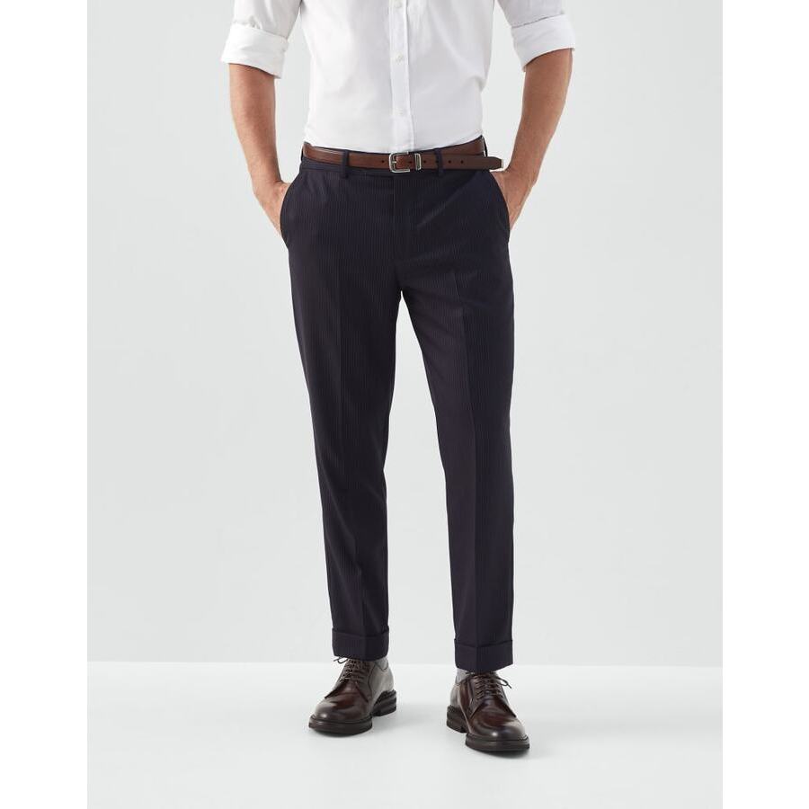 Brunello Cucinelli Mens Navy Wool Pinstripe Trousers