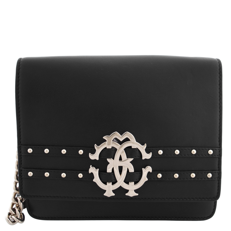 Roberto Cavalli Black Leather Chain Flap Bag