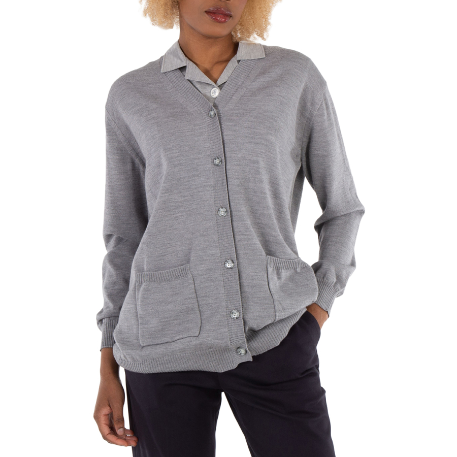 Burberry Ladies Cloud Grey Wool Cardigan Detail Silk Jersey Shirt