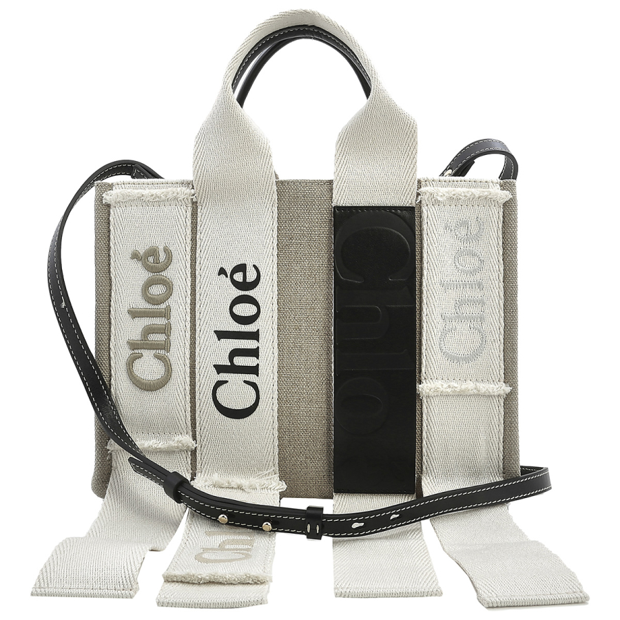 Chloe Sand Linen Woody Small Logo Tote