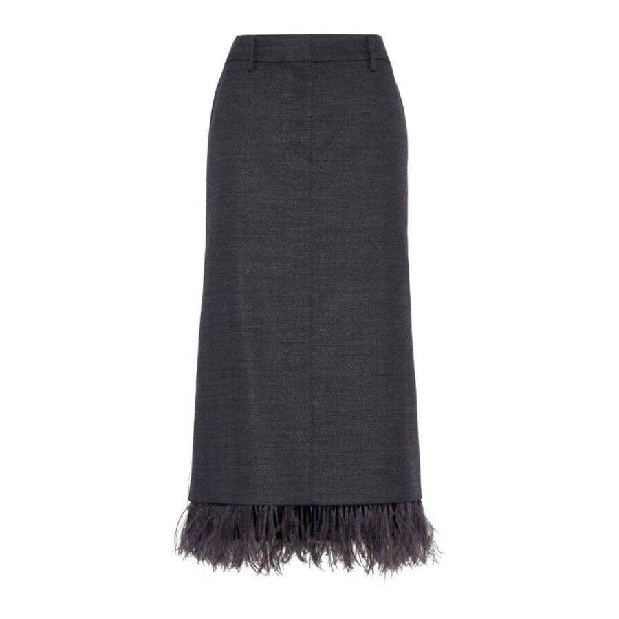 Brunello Cucinelli Women's Anthracite Wool Skirt With Feather Trim