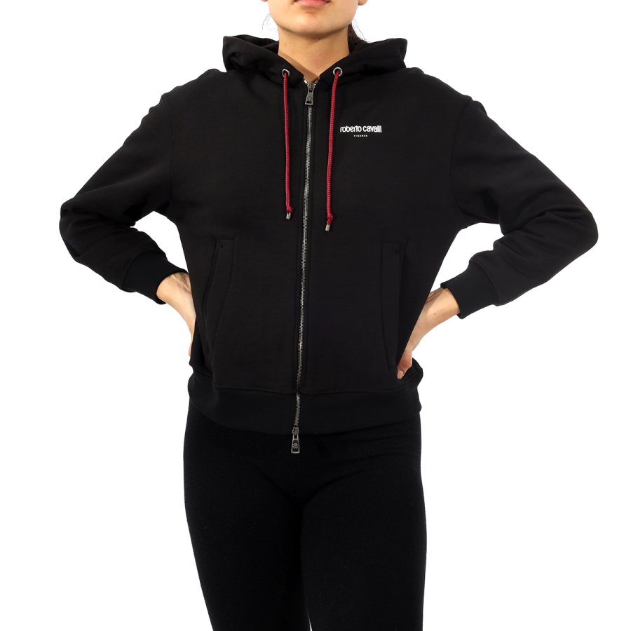 Roberto Cavalli Ladies Black Cotton Lucky Symbols Zip Hooded Sweatshirt