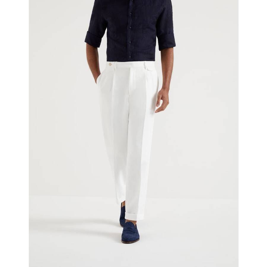 Brunello Cucinelli Men's Off White Cotton Pleated Trousers