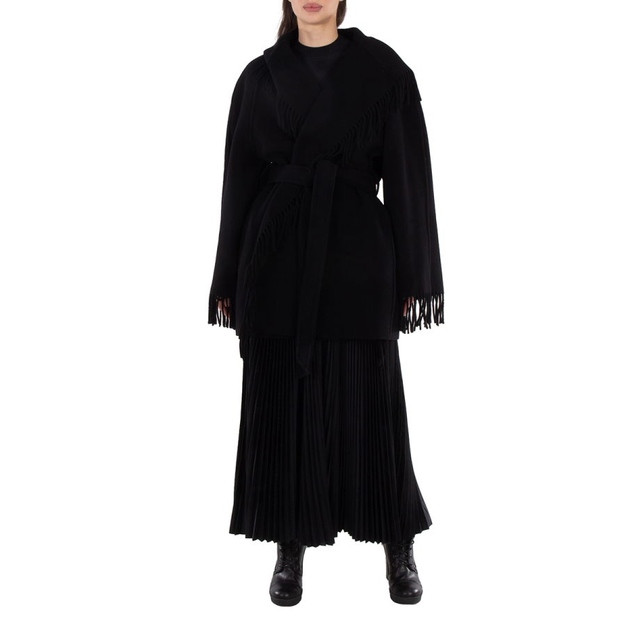 Balenciaga Ladies Black Fringed-Edge Hooded Cardi-Coat, Brand Size 1 (Small)