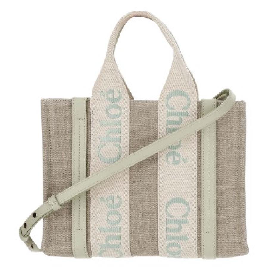 Chloe Small Woody Logo Linen Tote Bag