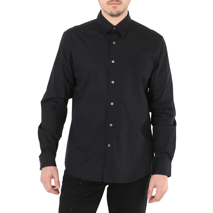 Roberto Cavalli Mens Black Slim Fit RC Logo Cotton Poplin Shirt