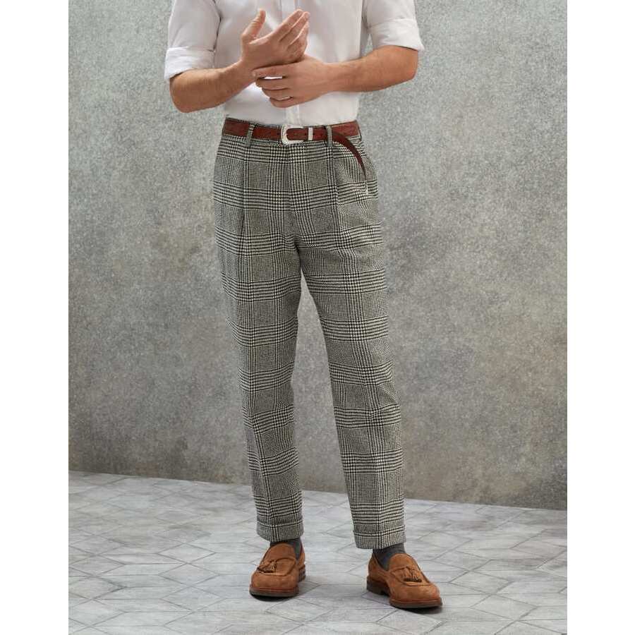 Brunello Cucinelli Mens Grey Wool Checked Trousers