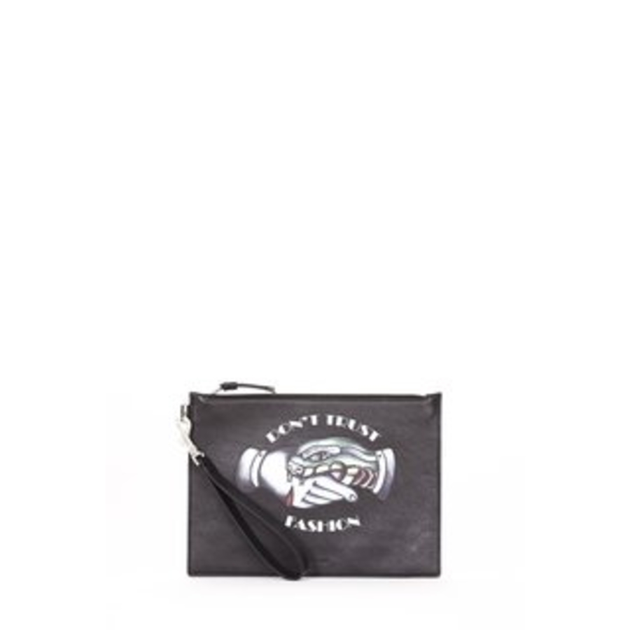 Roberto Cavalli Black Logo Print Leather Wristlet Pouch