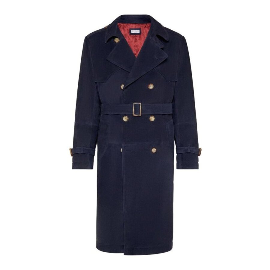 Brunello Cucinelli Navy Leather Double-Breasted Trench Coat