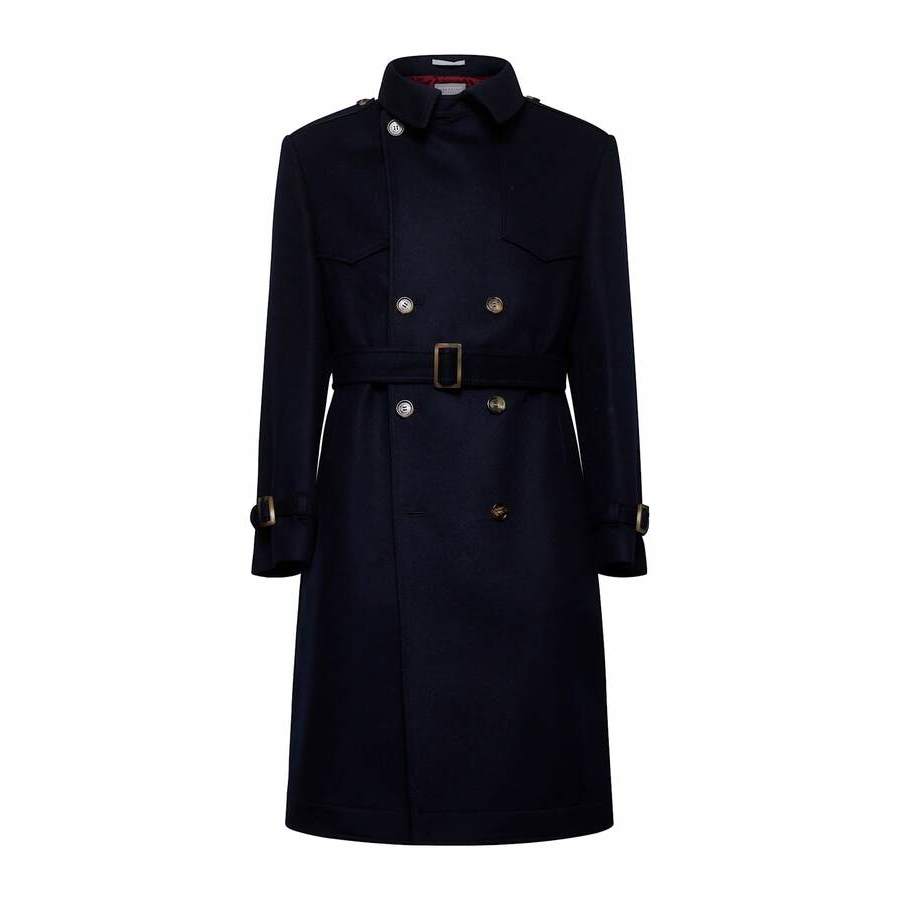 Brunello Cucinelli Men's Navy Double Breasted Wool Belted Jacket