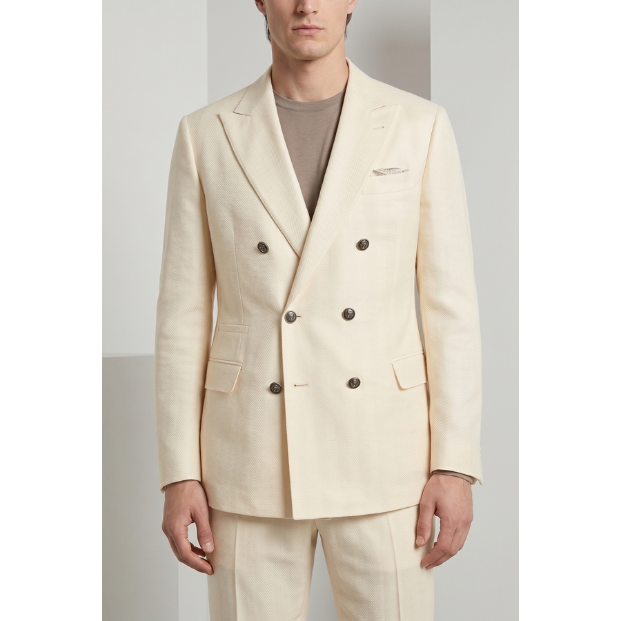 Brunello Cucinelli Wool, Silk & Linen Double-Breasted Suit — Cream