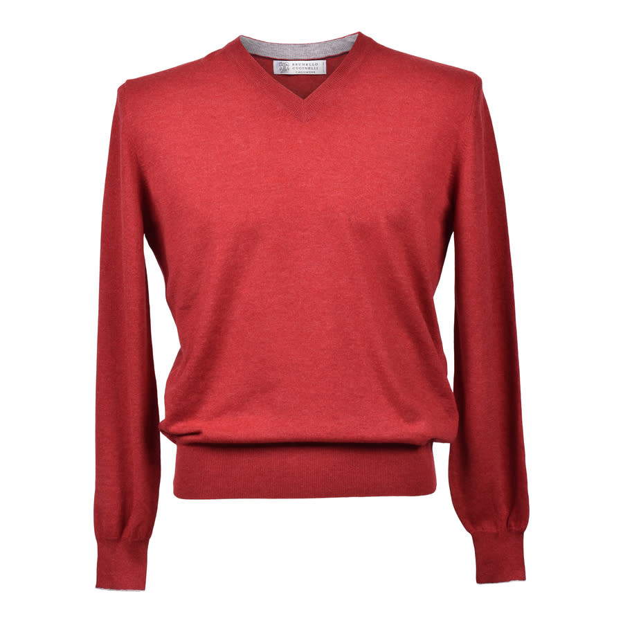 Brunello Cucinelli Cashmere V-Neck Sweater — Red