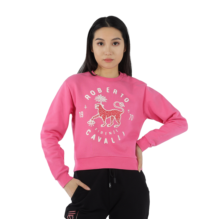 Roberto Cavalli Ladies Pink Lucky Leopard Print Cotton Jersey Sweatshirt