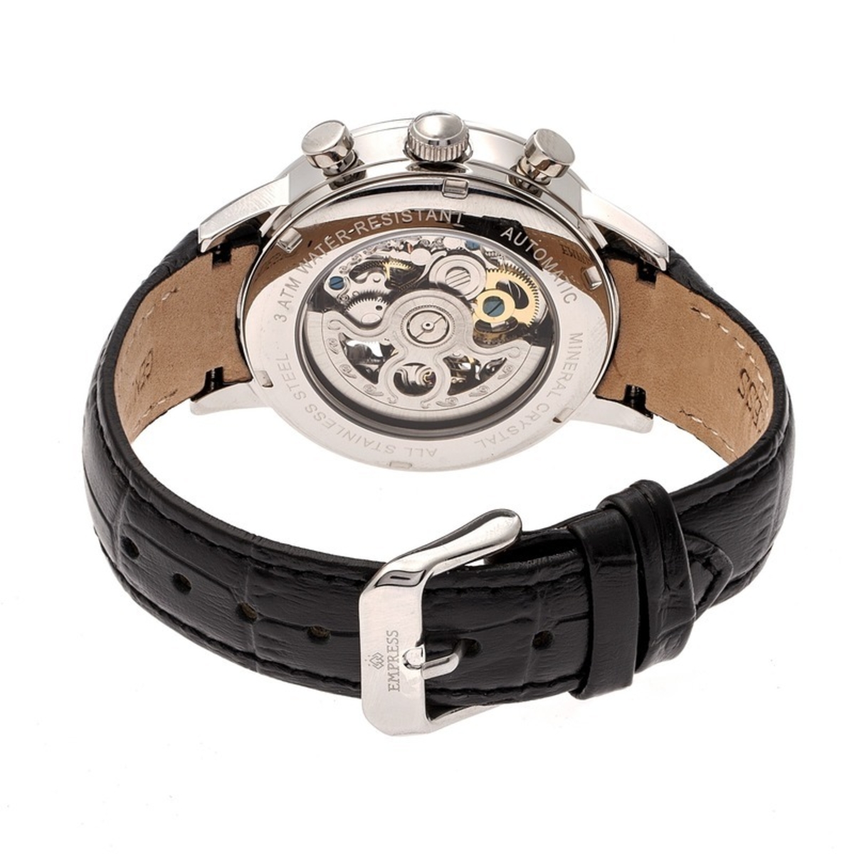 Empress Beatrice Silver Skeleton Dial Black Leather Strap Ladies