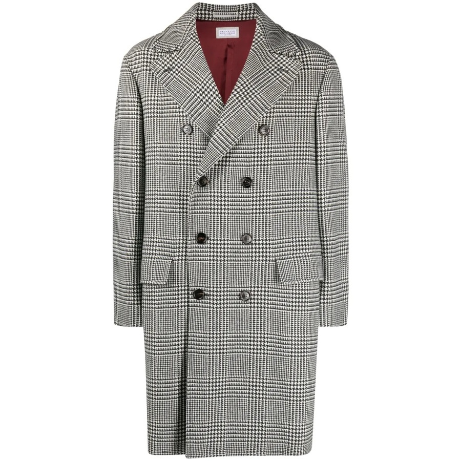 Brunello Cucinelli Checkered Wool Double-Breasted Coat — Black