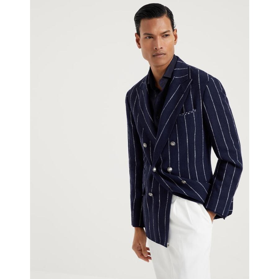 Brunello Cucinelli Men's Navy Wool Linen Silk Double Breasted Blazer