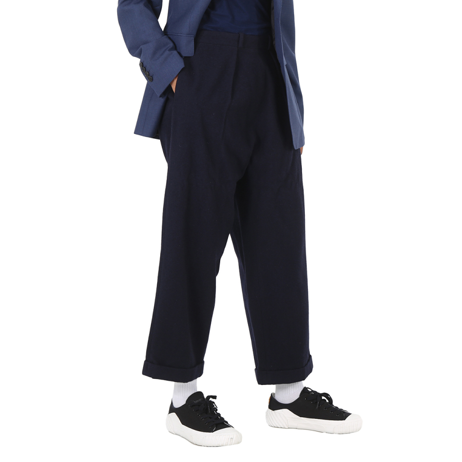 Maison Margiela Mens Dark Blue Pleated Straight-leg Wool Trousers