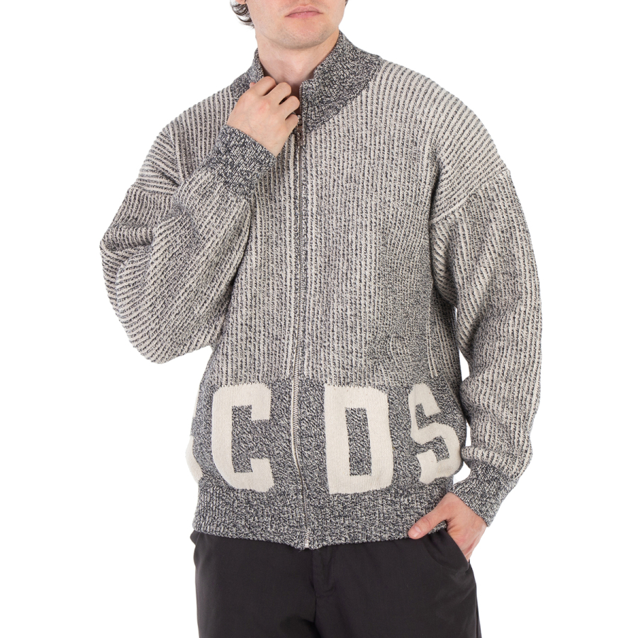 GCDS Grey Ribbed Logo Full Zip Cardigan