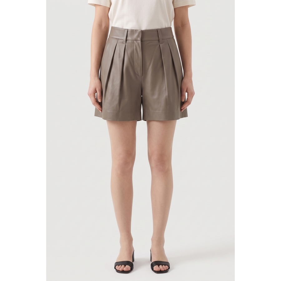 Brunello Cucinelli Women's Taupe Leather Pleated Shorts
