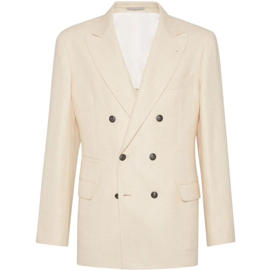 Brunello Cucinelli Cream Wool Silk Linen Double Breasted Blazer