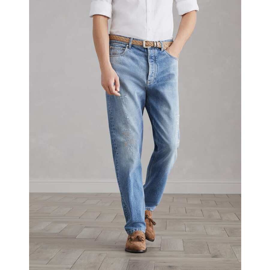 Brunello Cucinelli Men's Distressed Denim Cotton Casual Trousers