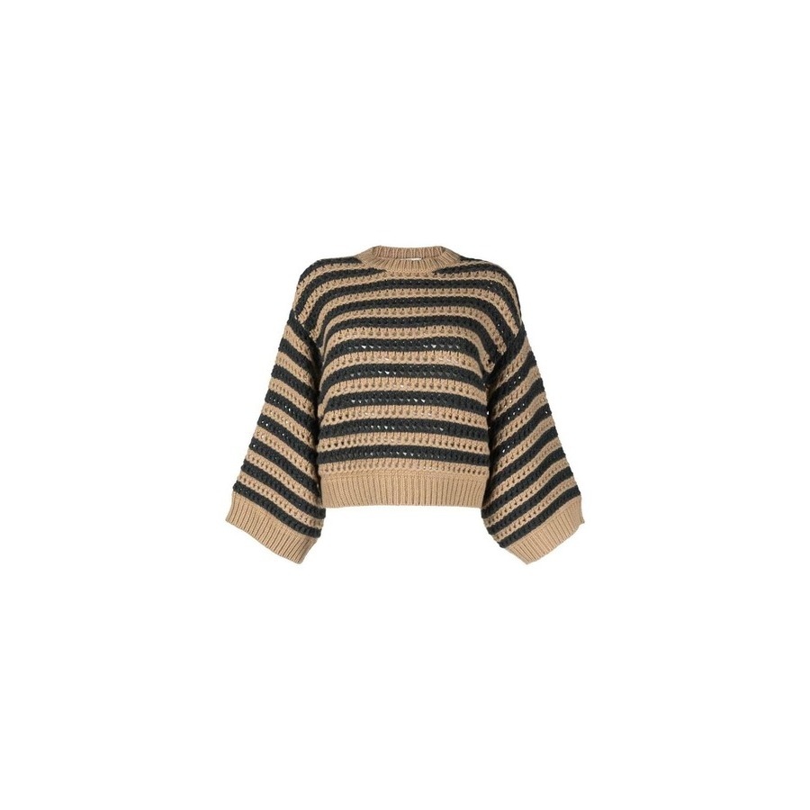 Brunello Cucinelli Women'S Teddy Striped Wool Silk Blend Oversized Sweater