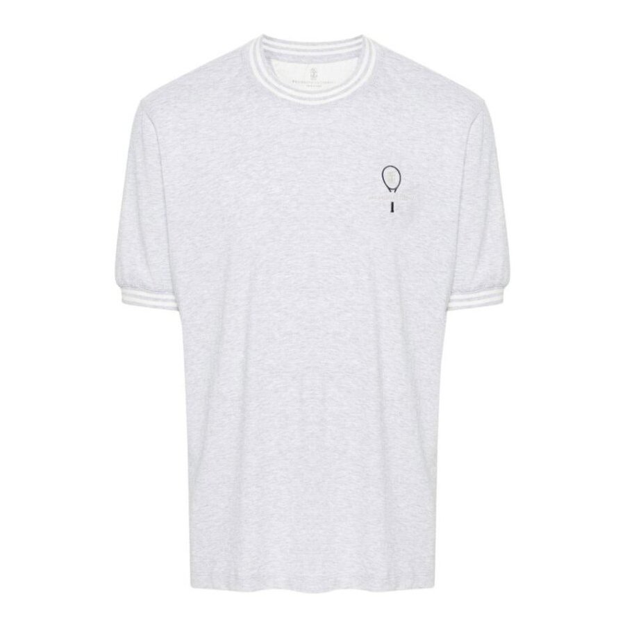 Brunello Cucinelli Embroidered Cotton Crew Neck T-Shirt — Gray