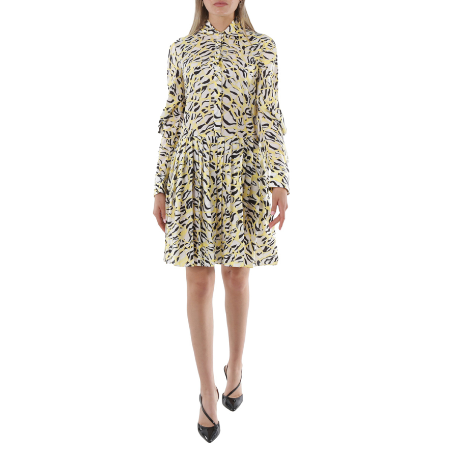 Roberto Cavalli Ladies Aragonite/Black Blades Long Sleeve Printed Silk Dress