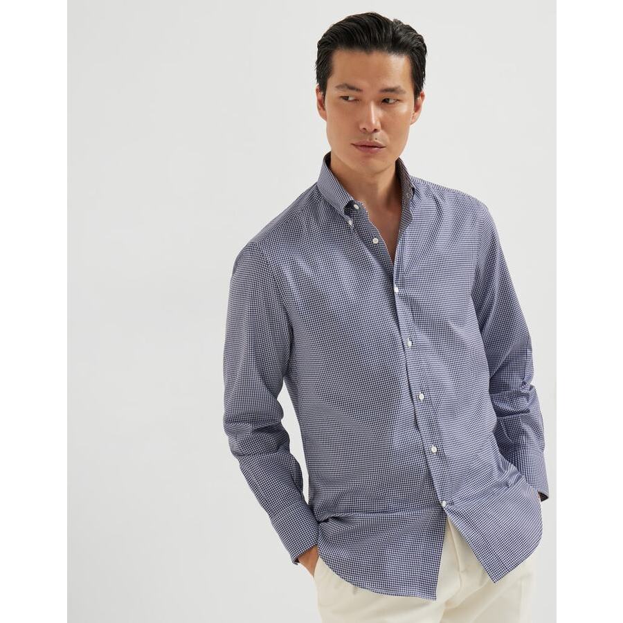 Brunello Cucinelli Men's Blue Cotton Check Button Down Shirt